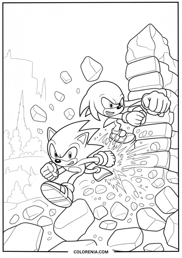 Action scene of Knuckles and Sonic working together to break through a wall or obstacle
