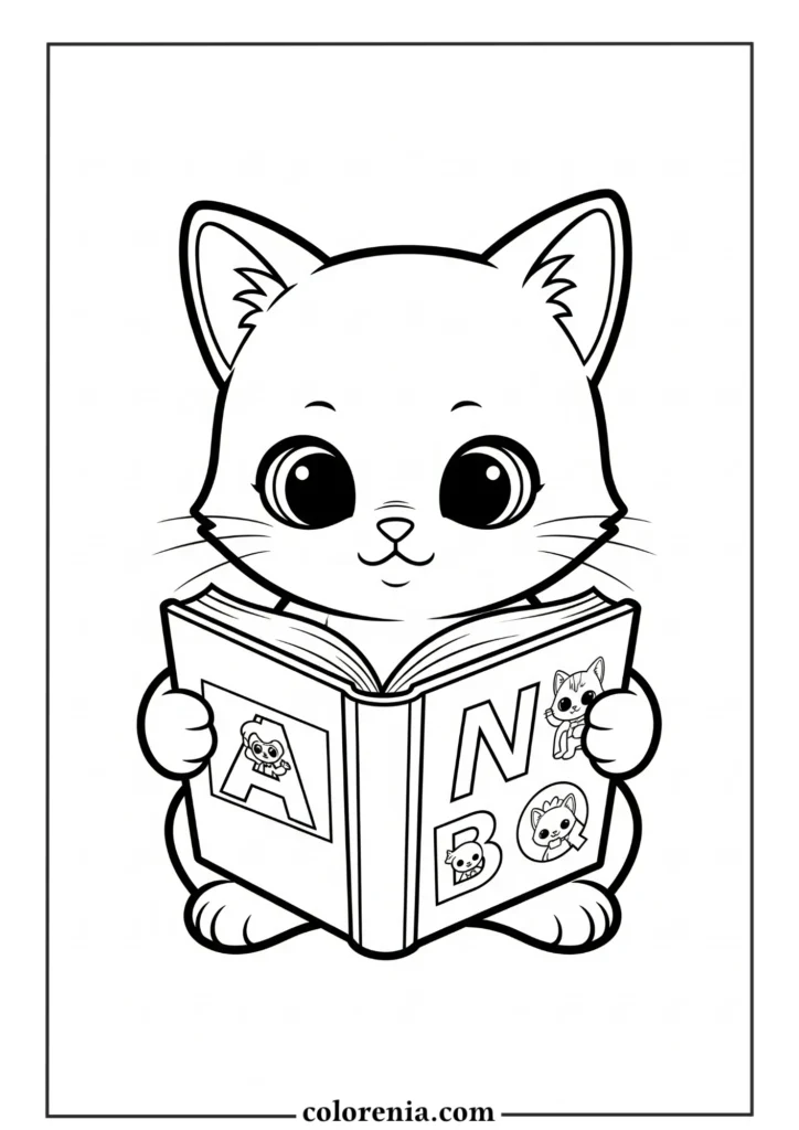 Adorable kitten studying coloring sheet