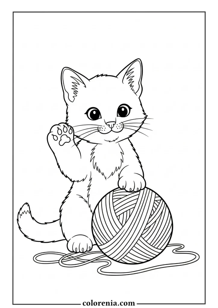 Adorable sitting cat with yarn coloring page