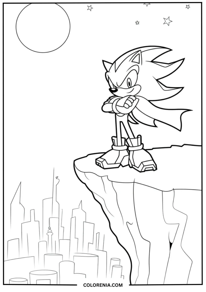 Atmospheric outline of Shadow standing alone on a cliff overlooking a city