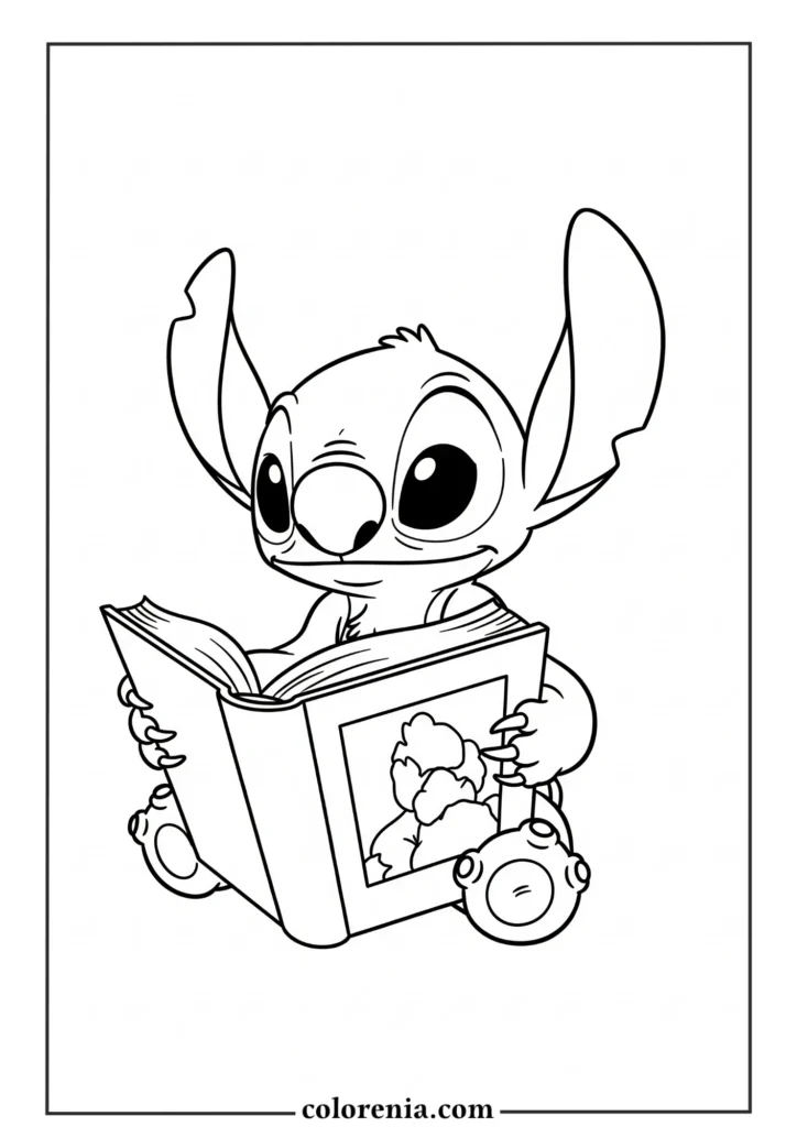 Baby Stitch reading a book – educational and relaxing coloring printable