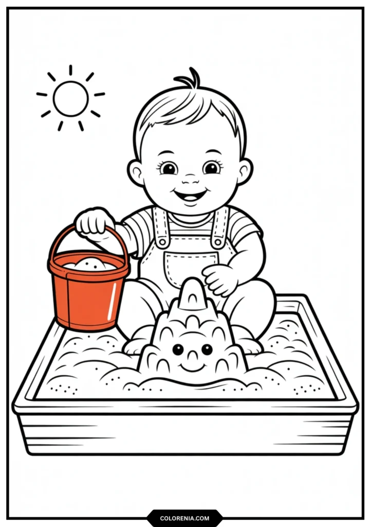 Baby sitting in simple sandbox outline