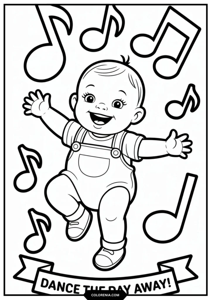 Baby with arms out, one leg lifted,