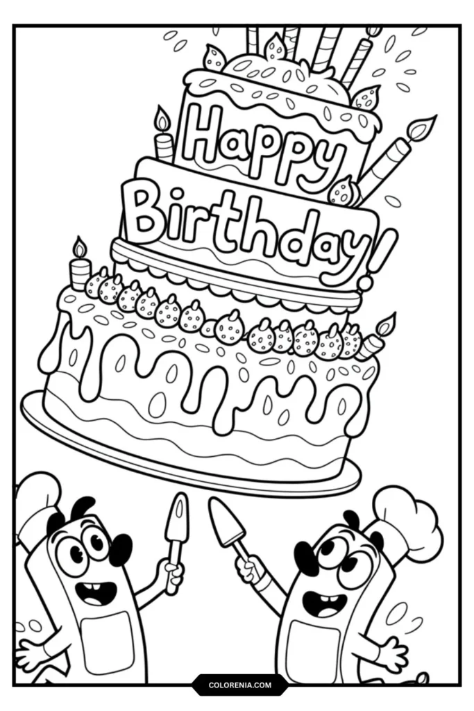 Birthday Cake Decorating with Bluey and Bingo Coloring Page