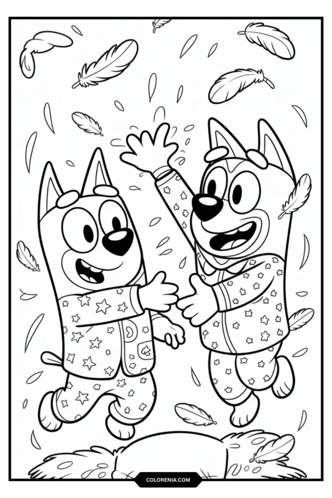 Bluey and Bingo Pillow Fight Coloring Page