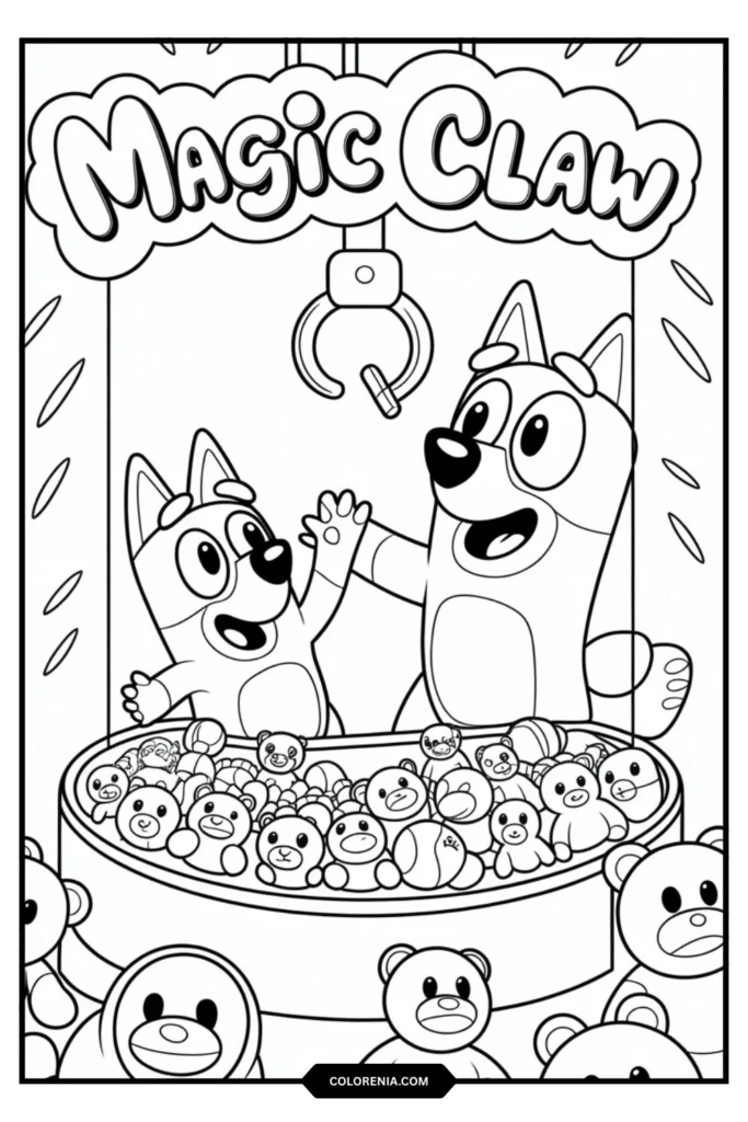 Bluey and Bingo playing _Magic Claw_ at the arcade
