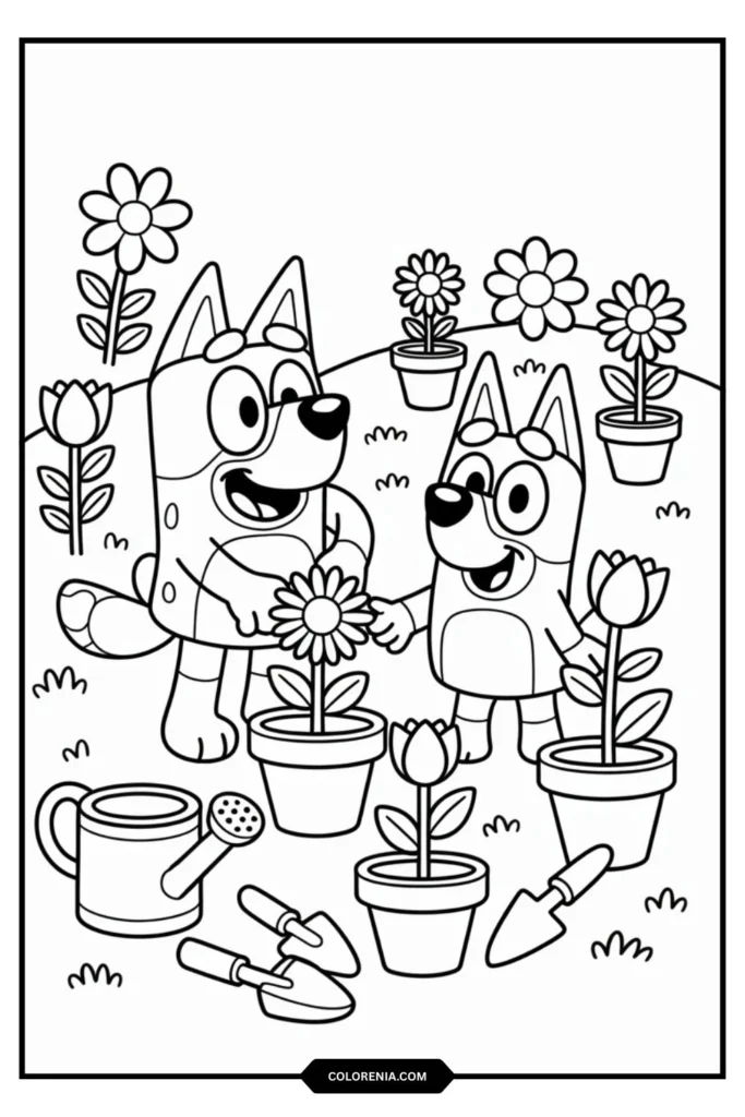 Bluey and Bingo's Garden Planting Coloring Page