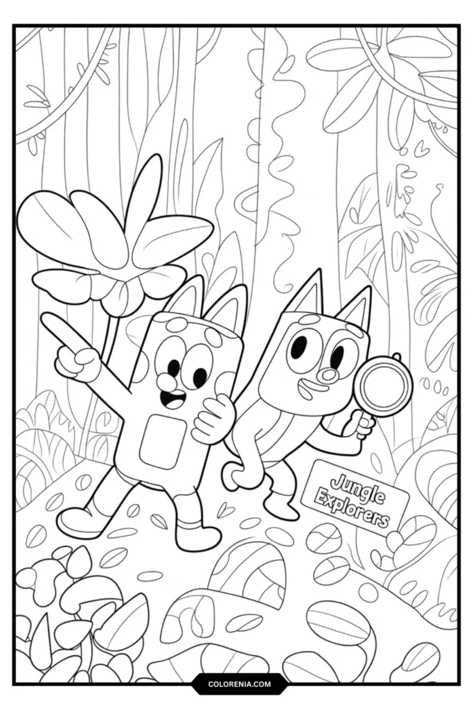 Bluey and Jean-Luc Jungle Adventure Coloring Page