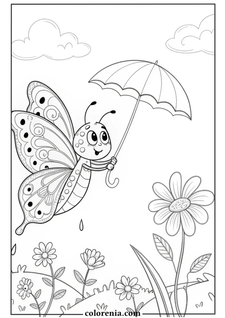 Butterfly and flower coloring page printable.