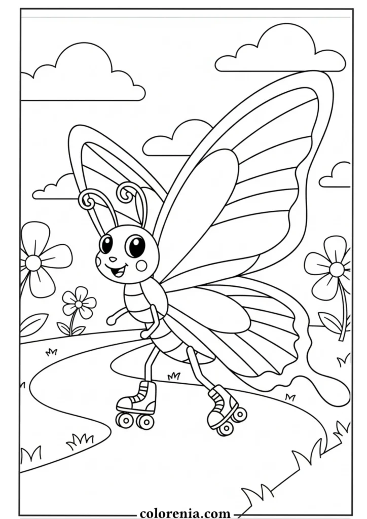 Butterfly coloring page with garden flowers.