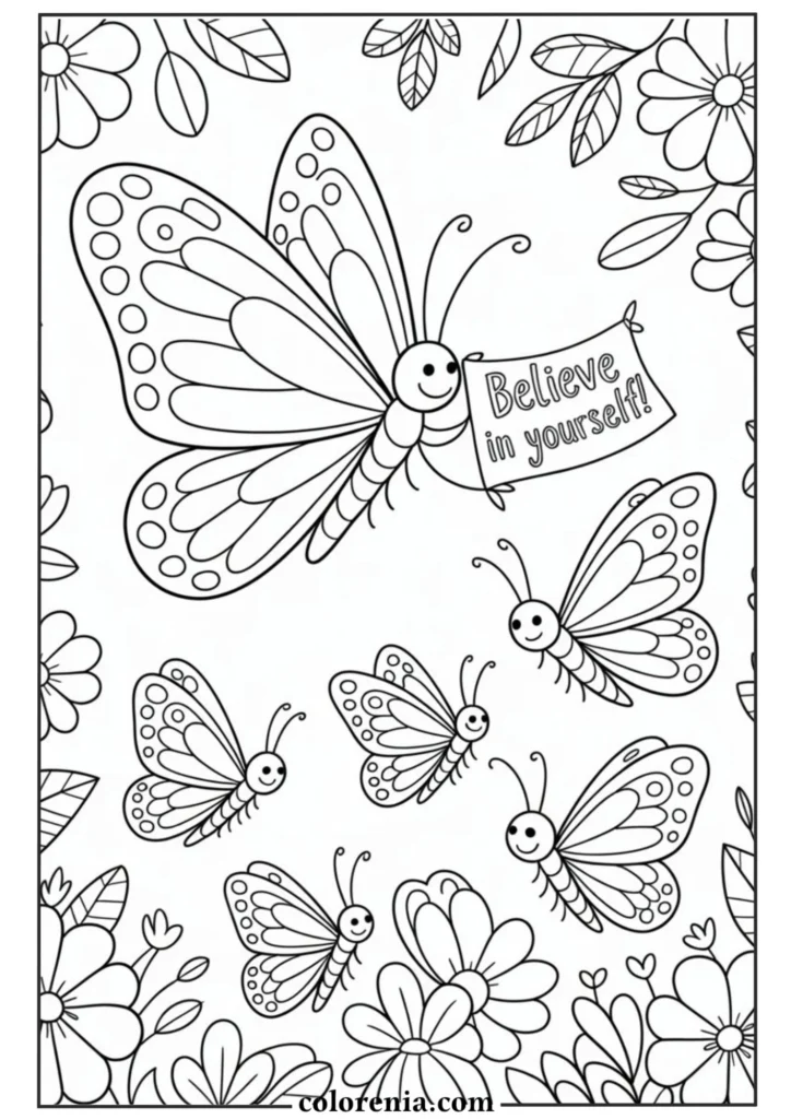 Butterfly coloring page with hearts and stars.