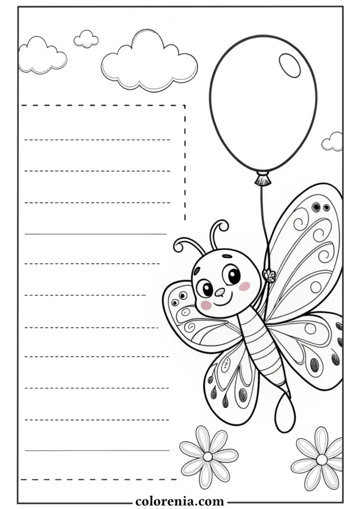 Butterfly coloring page with writing space.