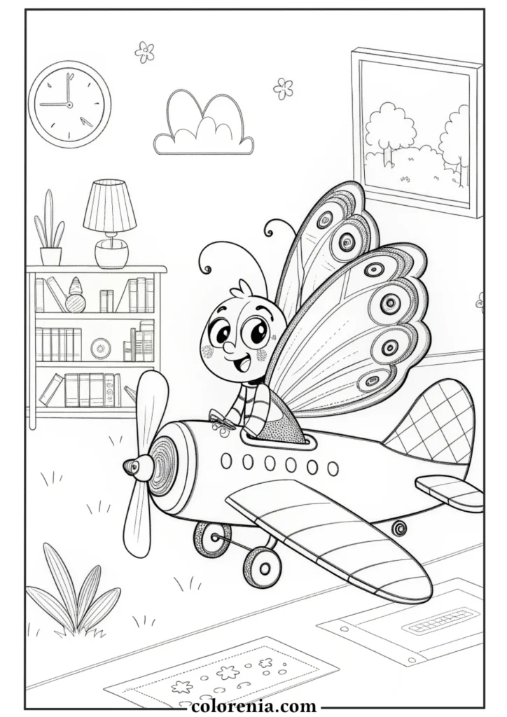 Butterfly coloring picture sitting on flowers.