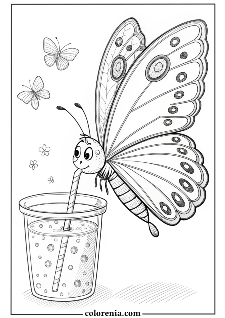 Butterfly in a cup coloring page printable.
