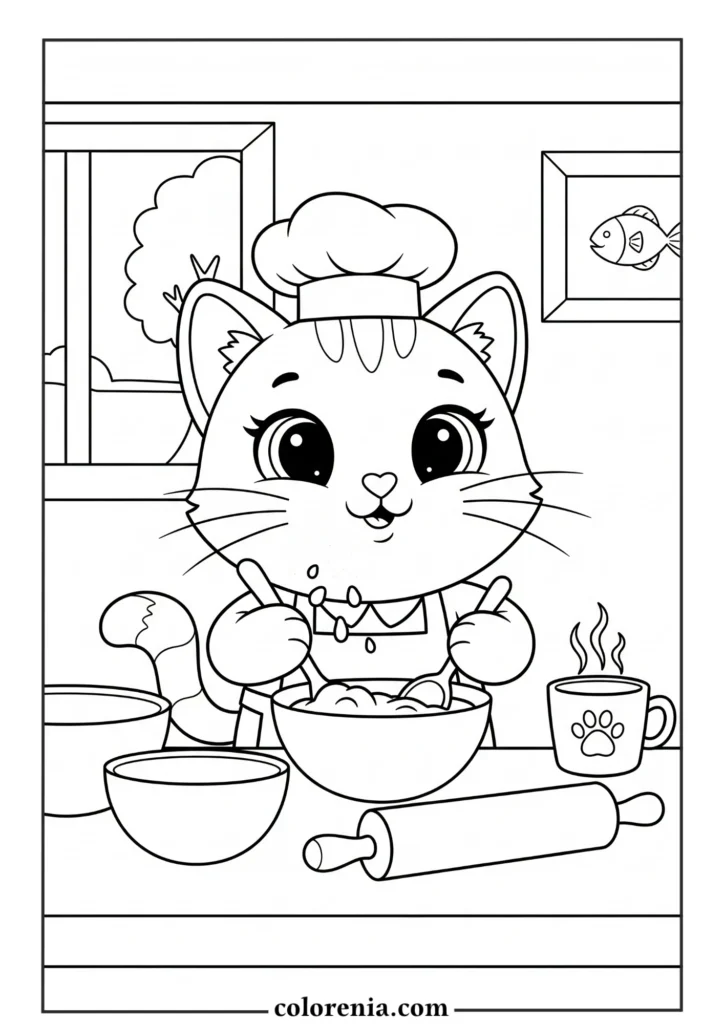 Cat baking in the kitchen coloring page