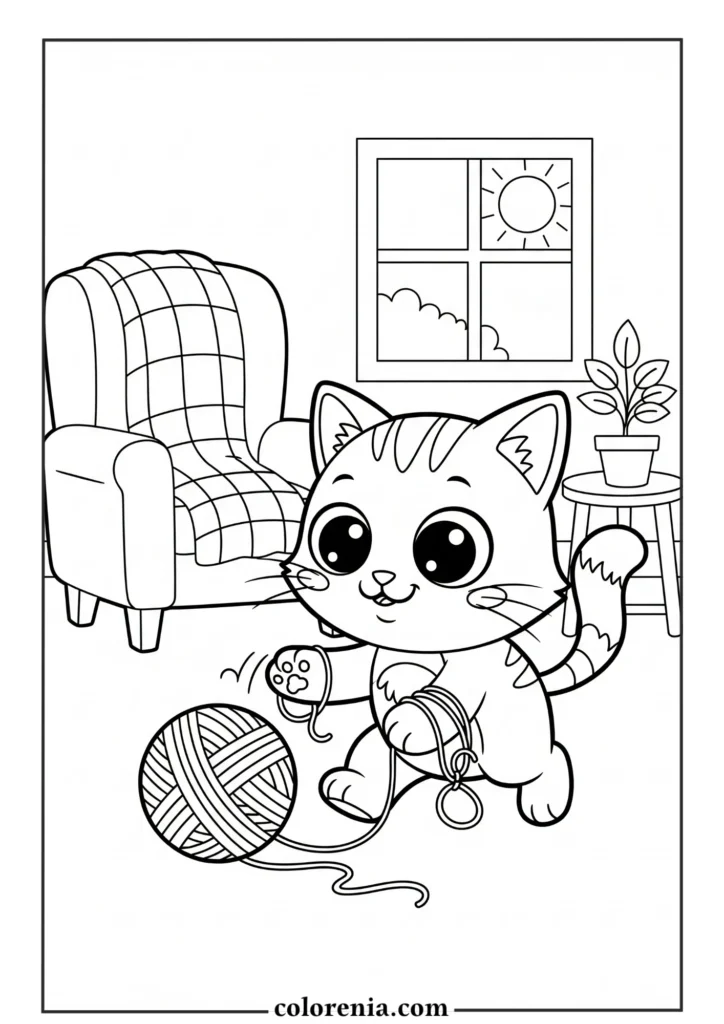 Cat playing with yarn ball coloring pages