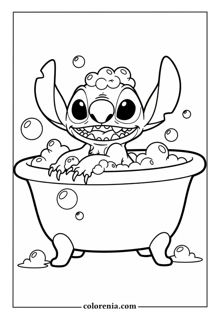 Chibi Stitch eating ice cream – kawaii Disney Stitch coloring page for kids.