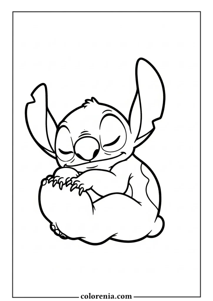 Chubby Stitch sitting relaxed – cute cartoon Stitch coloring sheet.