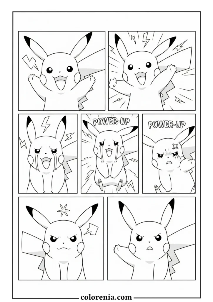 Comic-style Pikachu coloring sheet – pokemon coloring pages for creative kids.