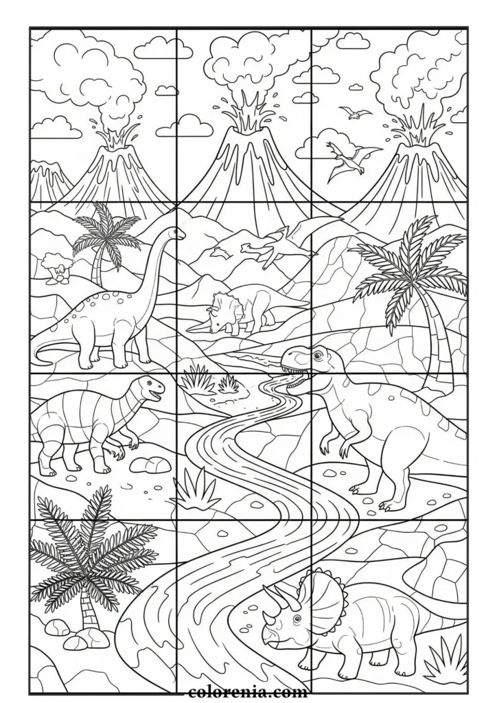 Complex Dinosaur - Detailed dinosaur coloring sheet, advanced prehistoric drawing, intricate dinosaur design