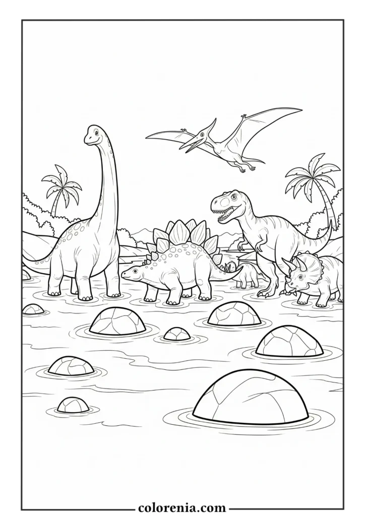 Complex Dinosaur - Detailed dinosaur coloring sheet, intricate prehistoric animal, advanced dinosaur drawing