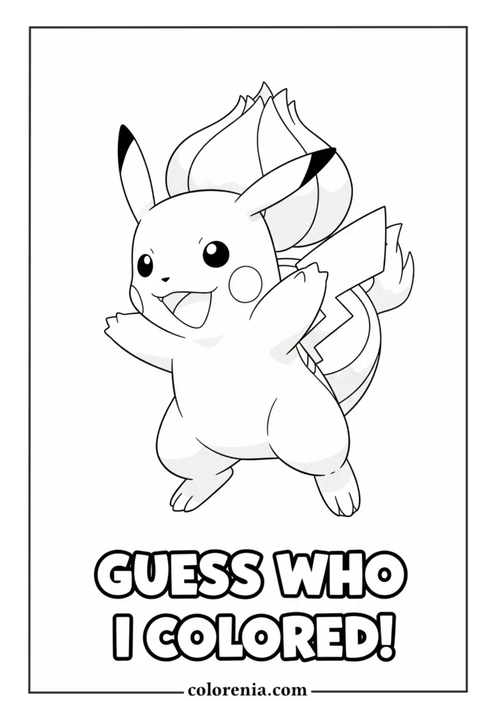 Cute Pikachu guessing game coloring sheet – fun pokemon activity.
