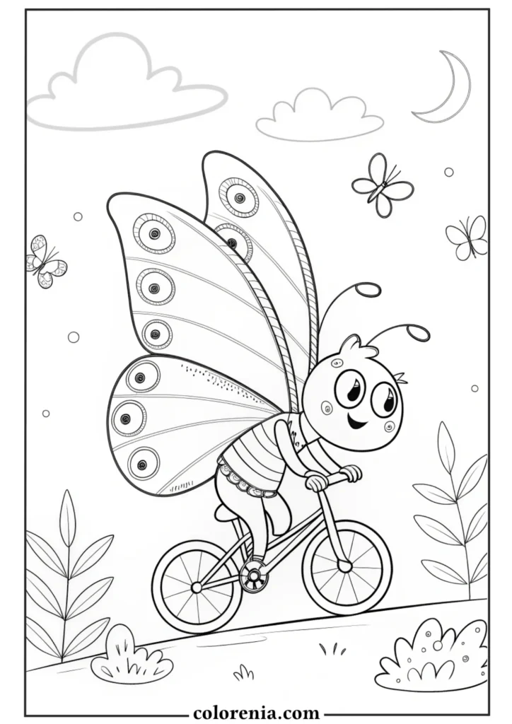 Cute butterfly coloring sheet with clouds.