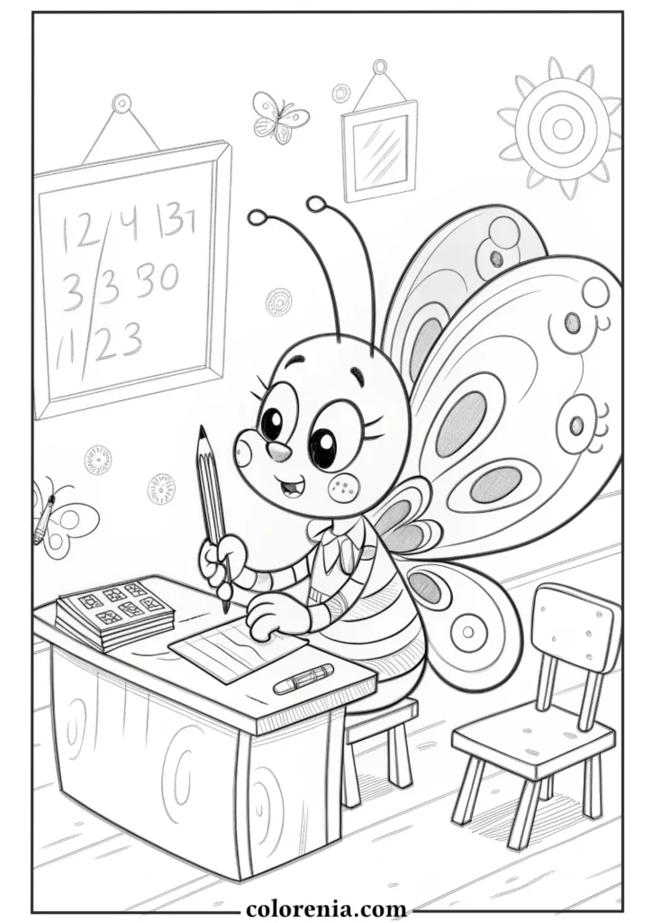Cute butterfly in classroom coloring sheet.