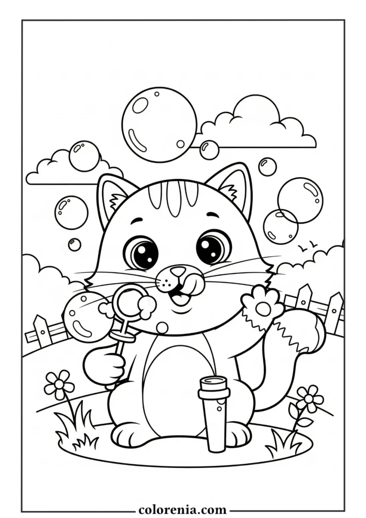 Cute cat in garden coloring sheet