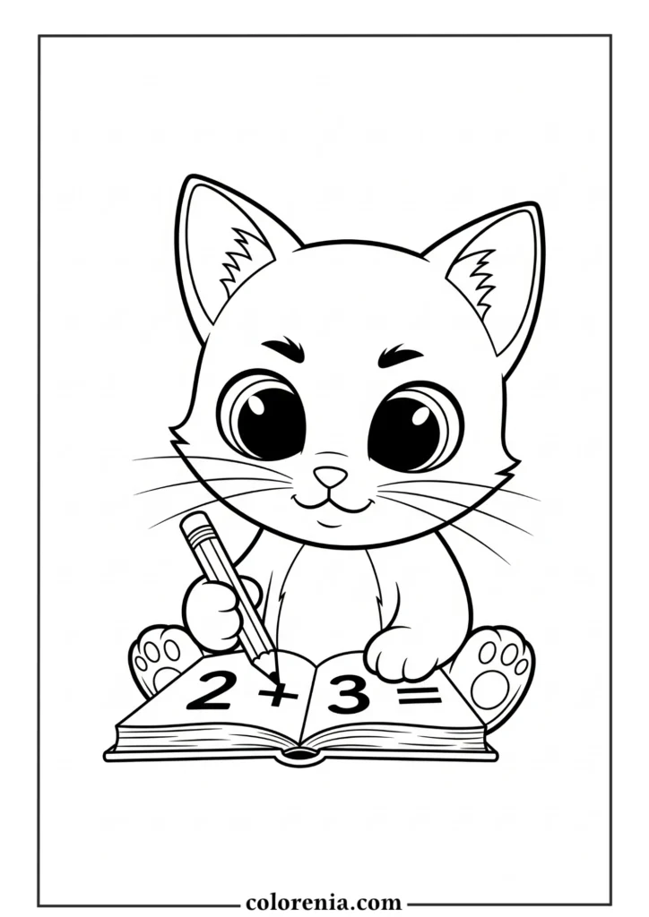 Cute cat reading a book coloring page
