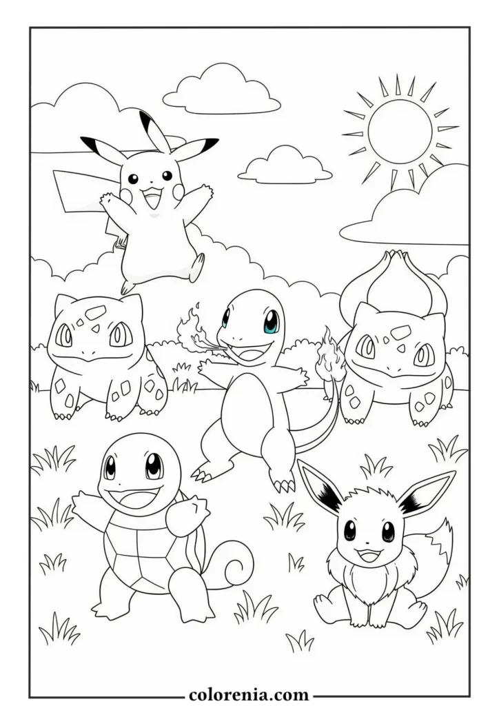 Cute pokemon coloring page with Pikachu and friends in a garden – perfect for kids.