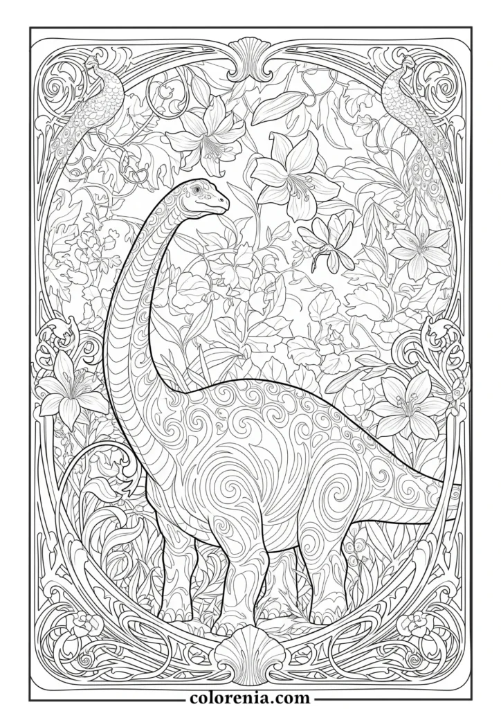 Detailed Dinosaur Scene - Elaborate dinosaur coloring page, complex prehistoric landscape, advanced dinosaur art