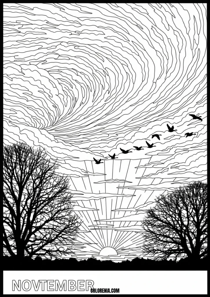 Detailed_November_Sunset_Coloring_Page_with_Flying_Birds_and_Trees