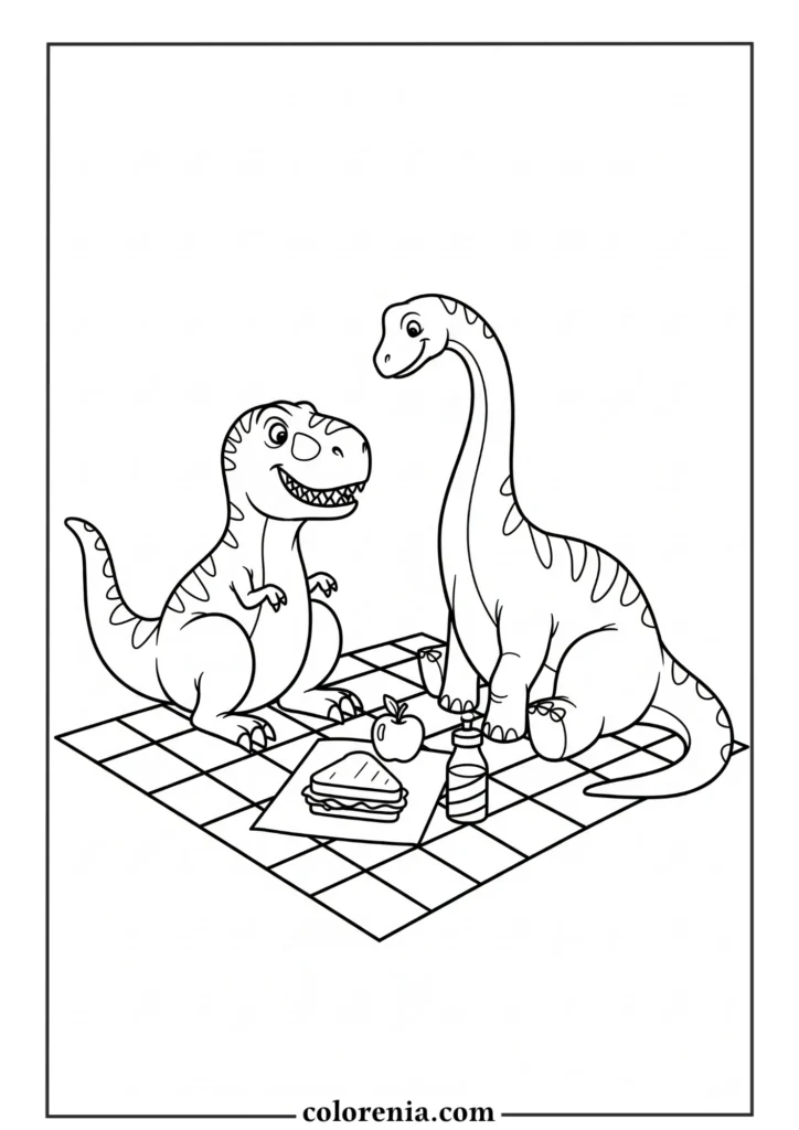 Dinosaur Family Scene - Multiple dinosaurs coloring page, prehistoric family drawing, group dinosaur activity