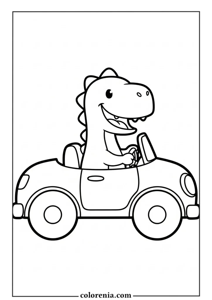 Dinosaur Vehicle Fun - Dinosaur riding toy car coloring page, transportation theme, playful prehistoric character