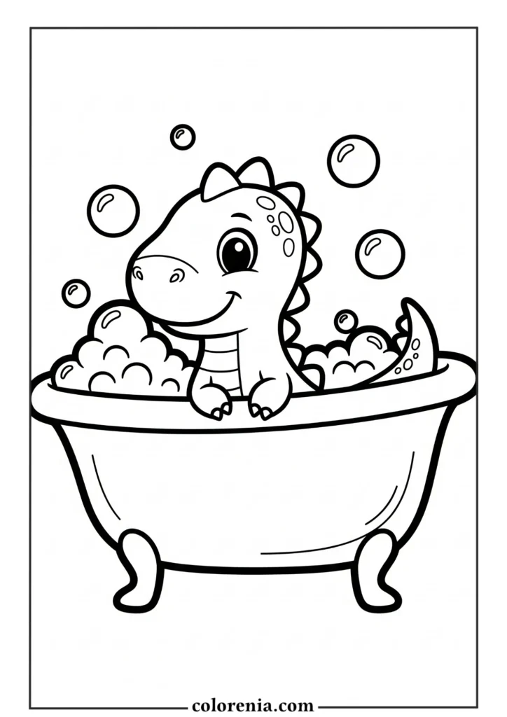 Dinosaur in Bathtub - Bath time dinosaur coloring sheet, clean dinosaur drawing, hygiene theme for kids