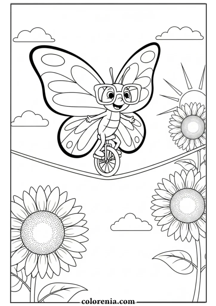 Easy butterfly coloring page with sun.