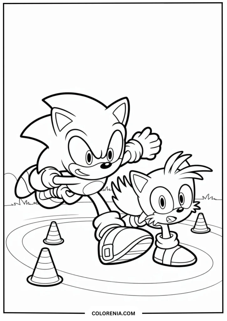 Educational scene of Sonic showing Tails how to perform a spin dash