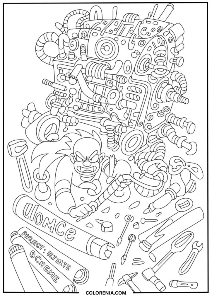 Eggman with tools and blueprints working on a large mechanical device