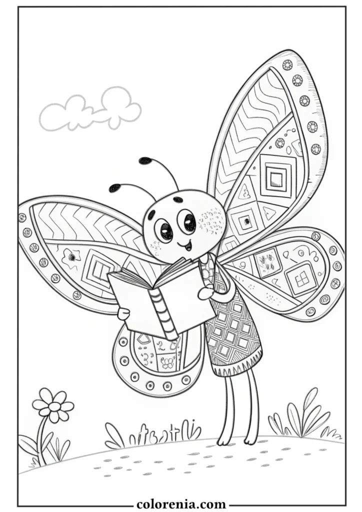 Funny butterfly cartoon coloring page.