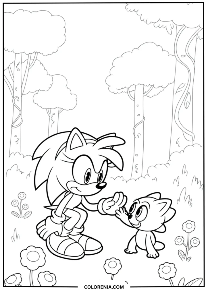 Gentle scene of Amy kneeling down helping a small woodland creature or Chao