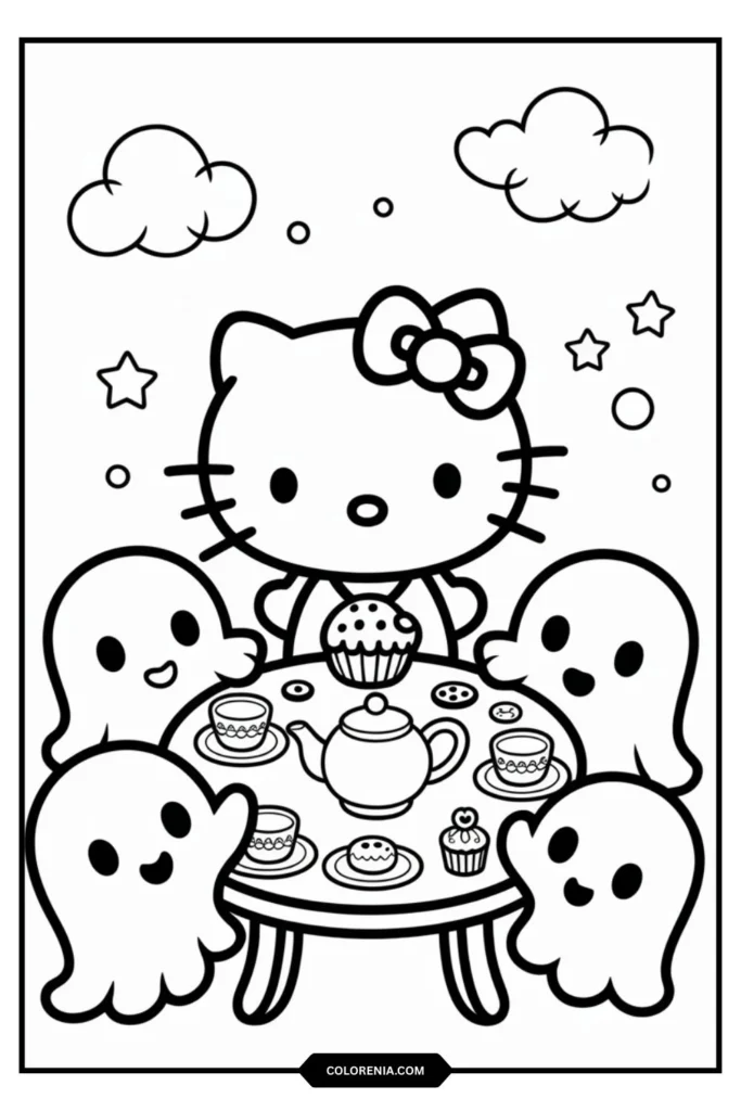 Ghost Hello Kitty hosting tea party with ghost friends at simple table