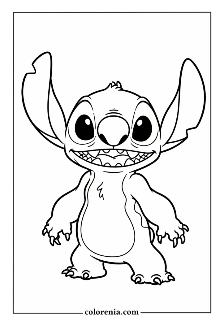 Happy Stitch with both arms up – printable Stitch coloring fun for kids.