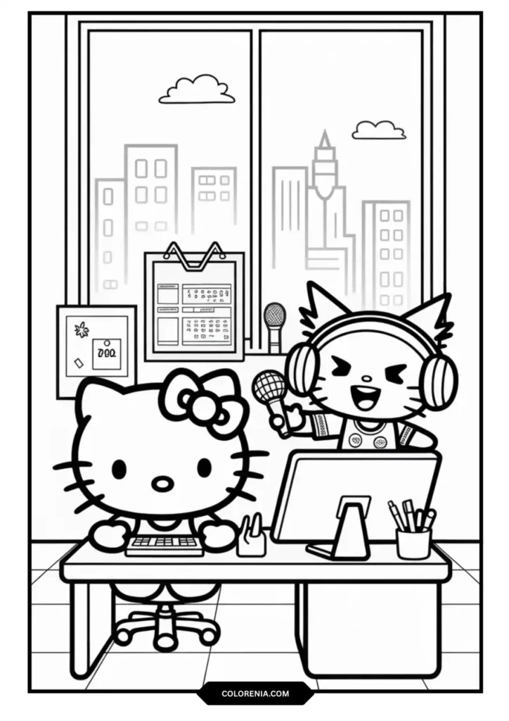 Hello Kitty and Aggretsuko in modern office with computer coloring page