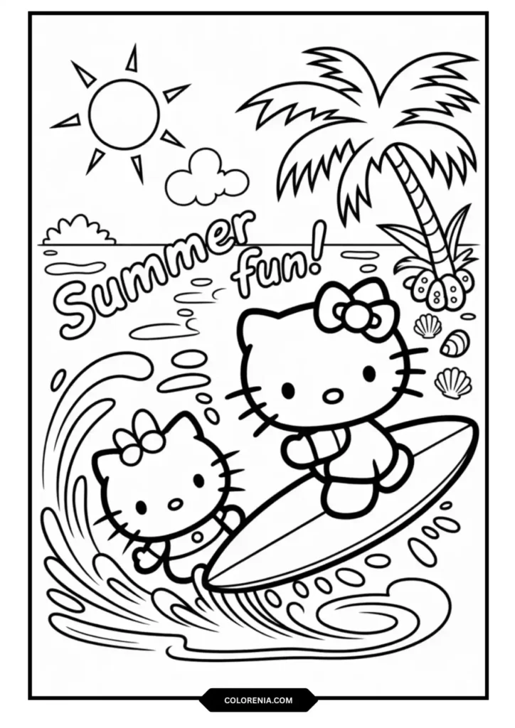 Hello Kitty Badtz-Maru Beach Day Coloring Page - Summer Surf Fun 