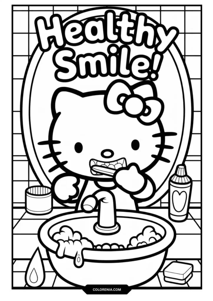 Hello Kitty Brushing Teeth Hygiene Coloring Page - Health Habits