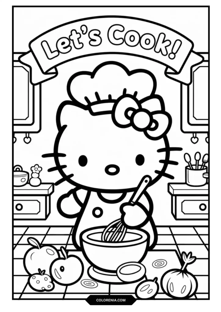 Hello Kitty Chef Cooking Kitchen Coloring Page - Culinary Fun