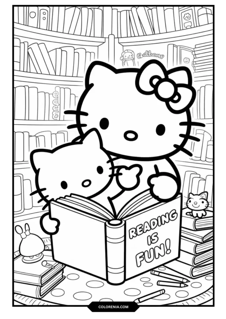 Hello Kitty Chococat Reading Library Coloring Page - Educational Fun