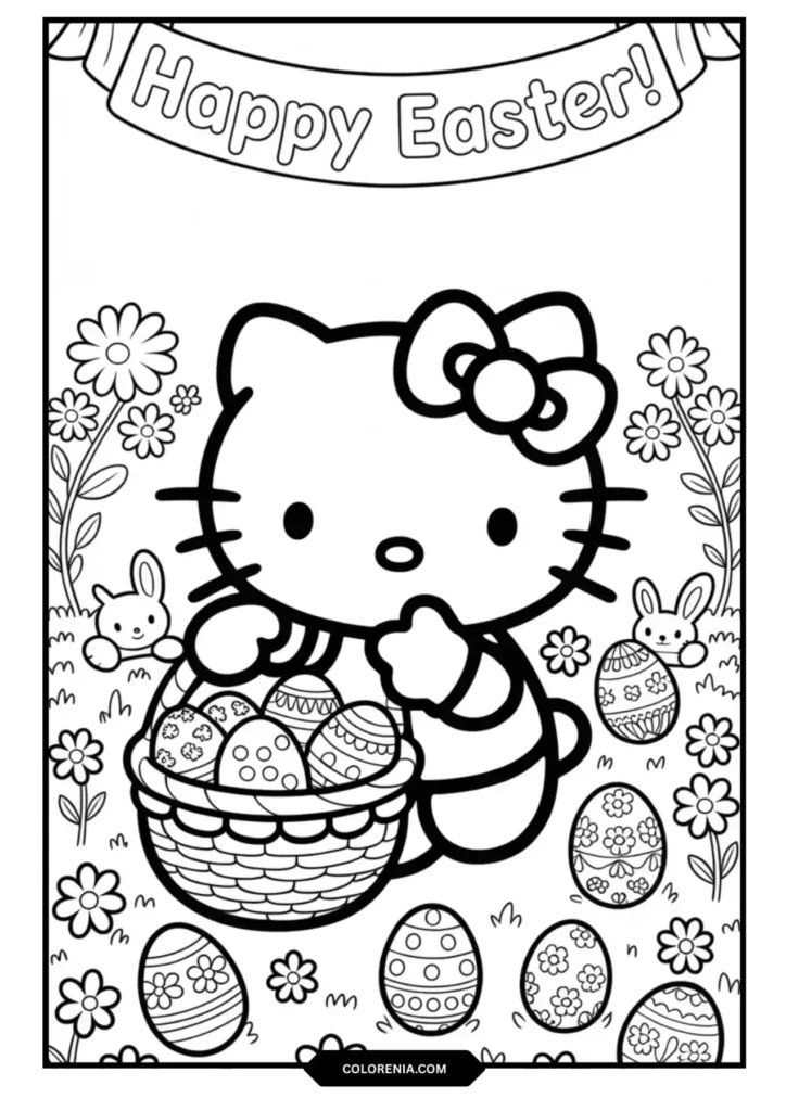 Hello Kitty Easter egg hunt with spring flowers and basket coloring page
