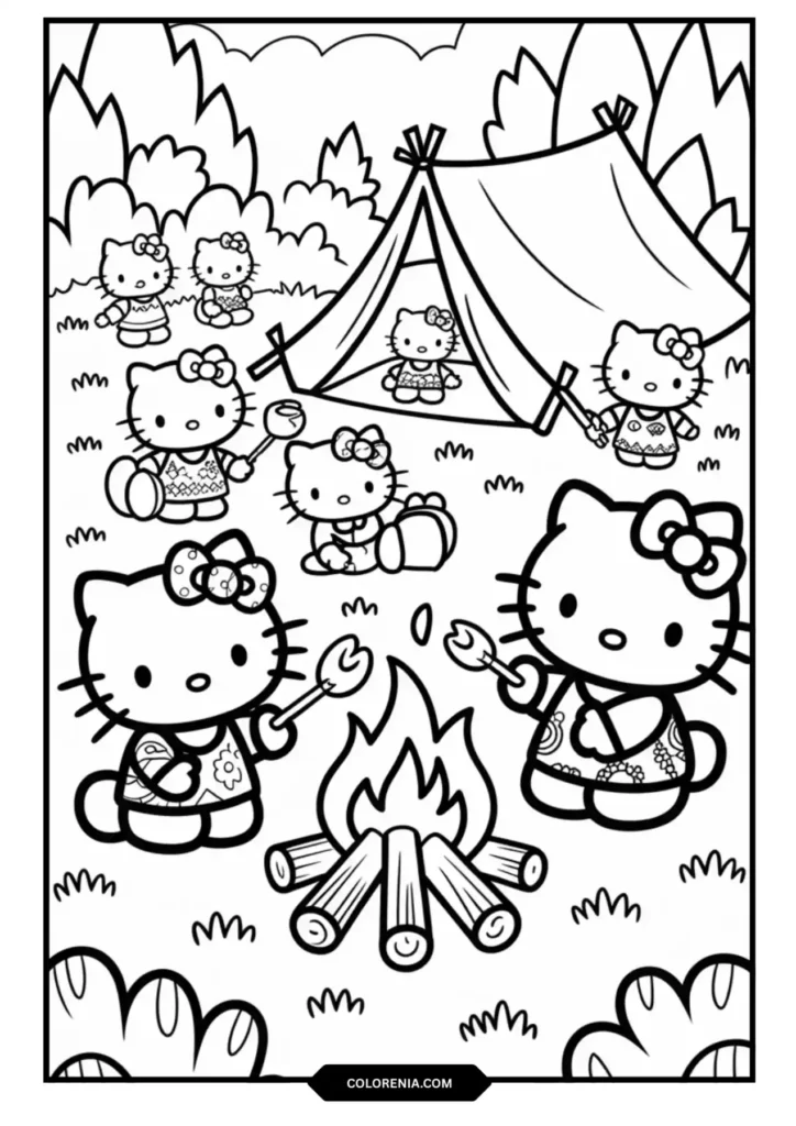 Hello Kitty Friends Camping Adventure Coloring Page - Outdoor Nature